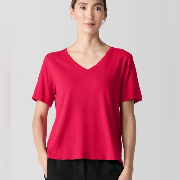 Eileen Fisher Tops - Eileen Fisher V-Neck Organic Cotton Slub Short Sleeve Top in Red M